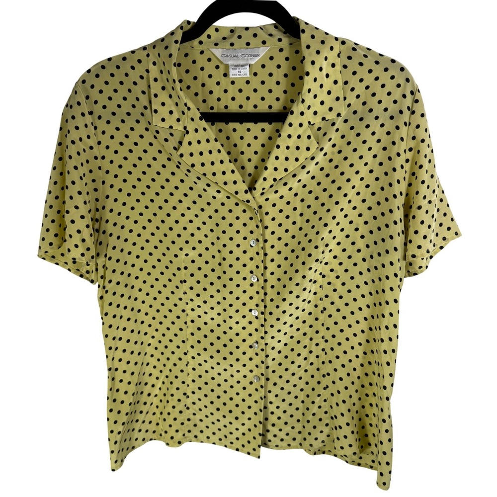 Casual Corner Women 14 Yellow Black Polka Dot 100% Silk Short Sleeve Blouse Top